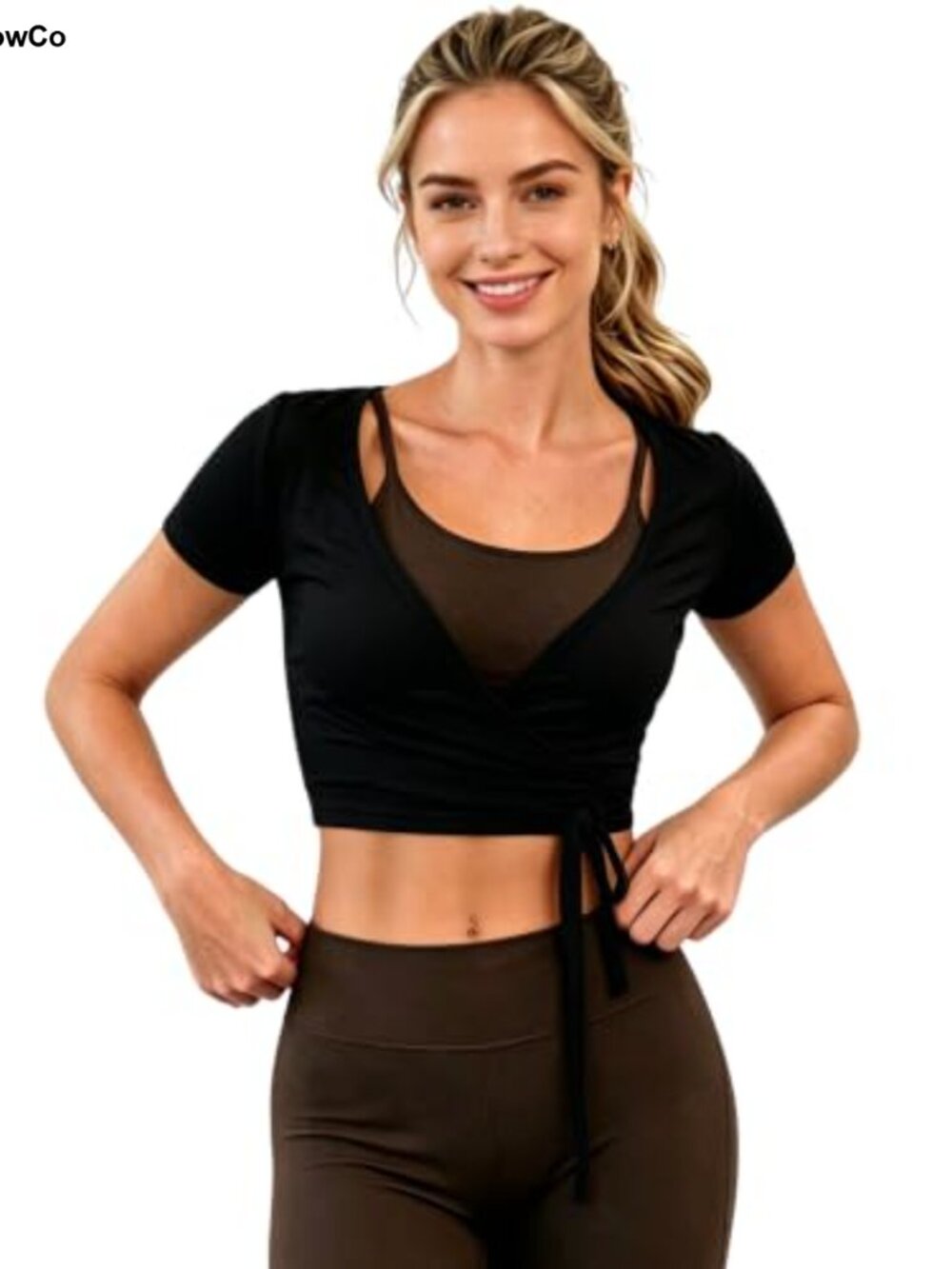 Women Wrap Tie Top Short Sleeve Ballet Yoga Pilates Workout Active Shirt
